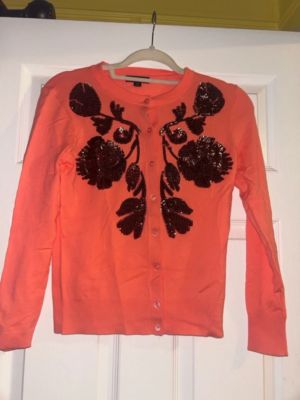 J. Crew Coral Button-Front Cardigan with Black Sequin Floral - Picture 3 of 3